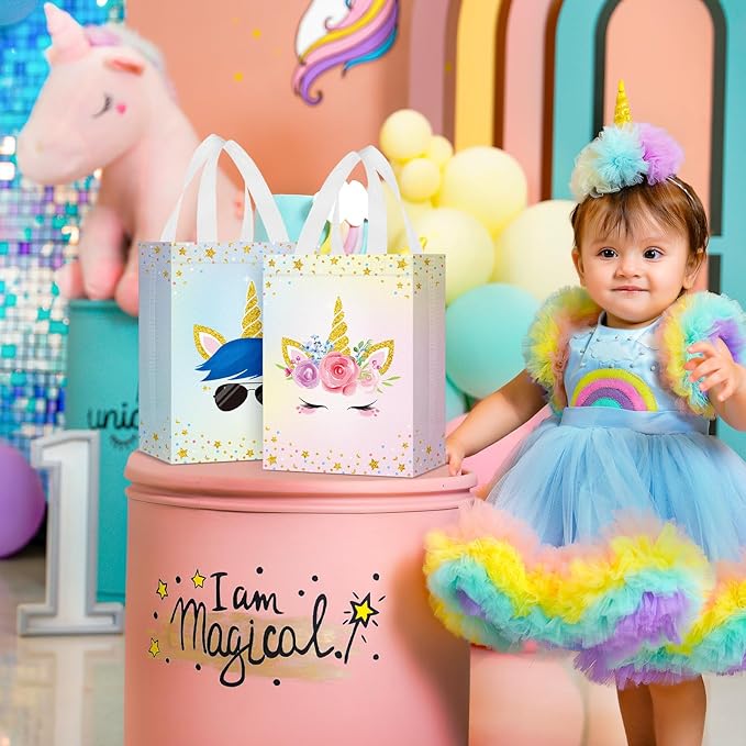 Locmeo 24 Pcs Unicorn Party Favor Bags with Handles - Reusable Non Woven Goodie Bags in Pink & Blue - Candy Treat Gift Bags for Girl & Boy Birthday Parties, 8 x 4 x 10 Inch
