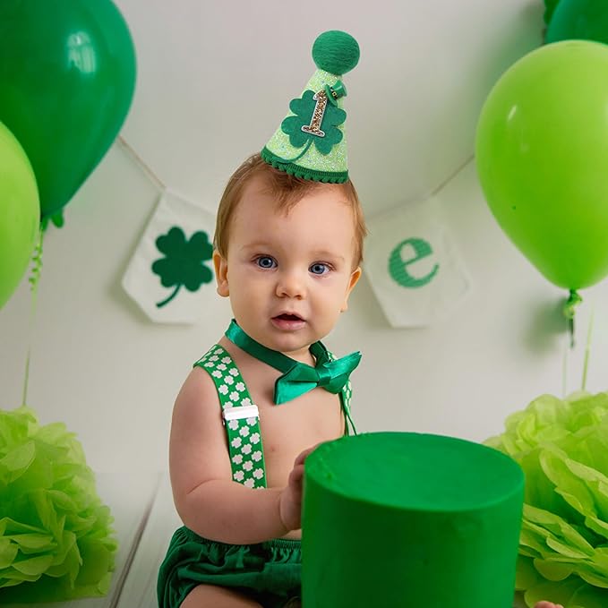 St Patrick's Day 1st Birthday Hat - Boys Girls First Birthday Party Decorations,Green Shamrock Birthday Crown Outfit