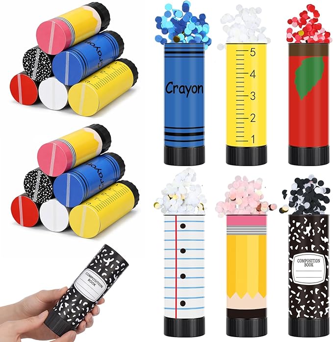 Outus Back to School Ready Confetti Cannon Colorful Paper Poppers Teacher Appeciation Gifts Celebration Pencil Crayon Ruler Apple Composition Notebook Confetti Kit Favor Decorations