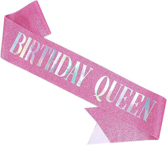 Birthday Queen Sash Pink, Dazzle Foil Letter Glitter Birthday Sash for Women 21st 30th 40th 50th 60th Gifts Fun Bday Party Favors Decorations