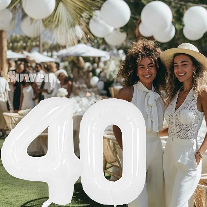 SUWEN 40 Inch White Large 40 Number Balloons Big Foil Helium Number Balloons 0-9 Giant Jumbo Happy 40th Birthday Party Decorations for Men or Women Huge Mylar Anniversary Party Supplies