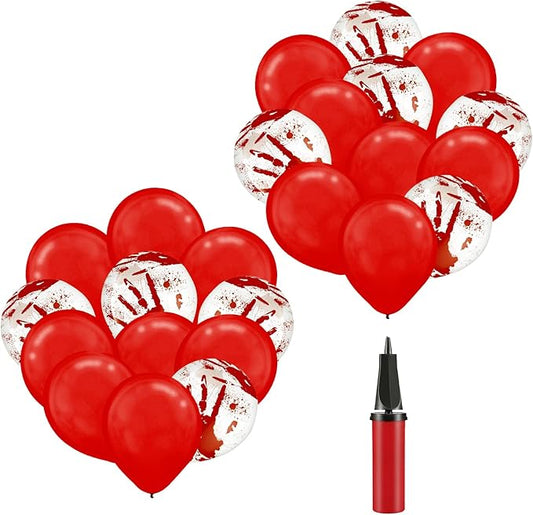 Leesoot 24pcs 12inch Red + Blood Handprints Scary Latex Balloons Thrilling Clear with Red Horror Design for Halloween Bloody Party Spooky Party Terror Decoration Zombie Vampire Party With Tools