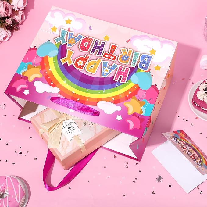 Large Birthday Gift Bag for Girls Kids Happy Rainbow Birthday Gift Bag with Greeting Card and Tissue Paper Colorful Birthday Gift Wrapping Paper Bag for Girls Birthday Baby Shower Party Supplies Decor