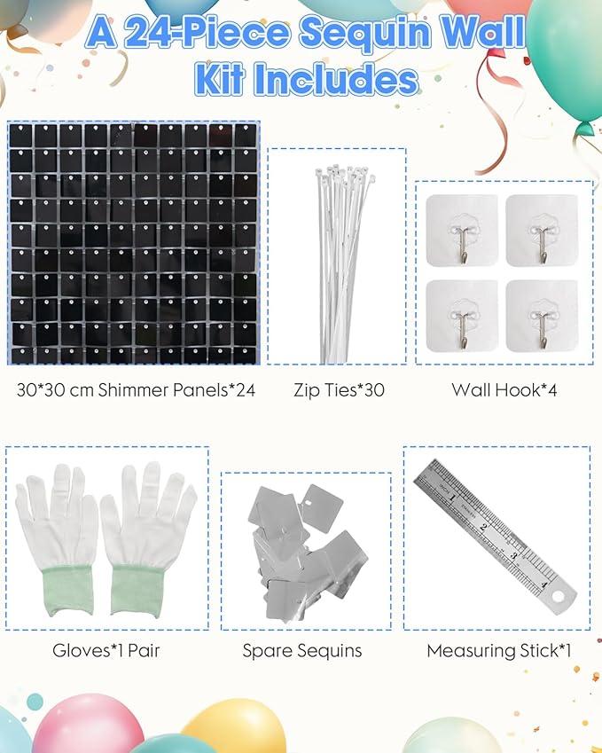 Black Shimmer Wall Backdrop 24 Panels Cover 4 x 6 Ft, Photo Backdrops for Wedding,Graduation,Anniversary,Birthday,Party Decoration