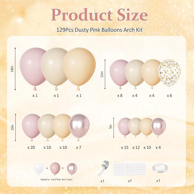 Ouddy Party Boho Dusty Pink Balloons Garland Arch Kit, Different Sizes 18 12 10 5 Inch Pastel Pink Sand White Pearl Latex Confetti Balloon for Baby Bridal Shower Birthday Women Girls Party Decorations