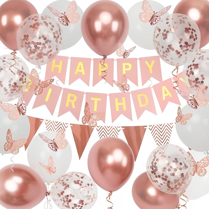 Rose Gold Birthday Decoration, 18 pcs 12 inch Happy Birthday Banner with Butterfly Stickers and Balloons for Girl and Women Happy Birthday Decorations
