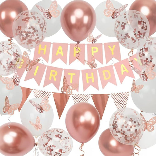Rose Gold Birthday Decoration, 18 pcs 12 inch Happy Birthday Banner with Butterfly Stickers and Balloons for Girl and Women Happy Birthday Decorations