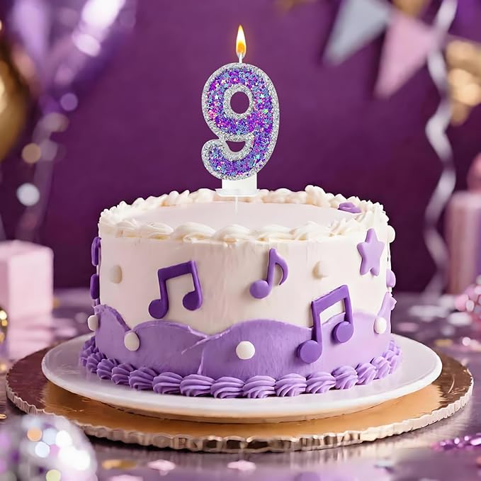 K-pop Number 9 Birthday Candle, Star Glitter Filled Number Candle, Purple Silver Fantasy Cake Topper for Birthday Party Decoration