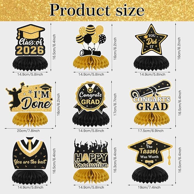 Graduation Decorations Class of 2026 Honeycomb Centerpieces, 9PCS Graduation Centerpieces for Tables, Congrats Grad Table Toppers Decor for 2026 Graduation Party Decoration Favor Supplies (Black Gold)