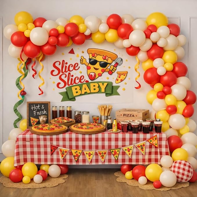 Pizza Party Balloon Arch Garland Kit for Pizza theme Birthday Slice Baby Shower Special Delivery Bridal Shower Girls Night Bachelorette Party Decoration (Cheese Yellow Red)