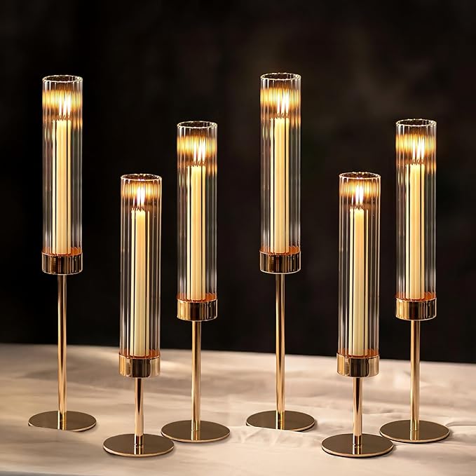NUPTIO Hurricane Candle Holder for Centerpiece: Set of 6 Tall Candle Stick Holder with Ribbed Glass Cover - Bulk Fluted Taper Candlestick Decor for Living Room Thanksgiving Christmas