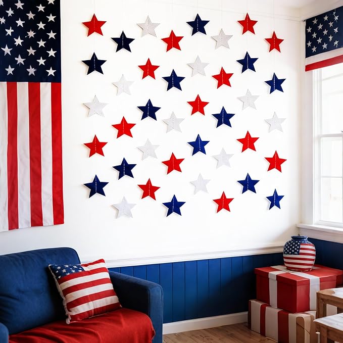 Red, White & Blue Iridescent-Star-Garland 90FT – 240 Pcs Sparkling Star Streamers – Hanging Glitter Star Banner Backdrop for Birthday, Baby Shower, Wedding, Christmas Party Decorations (6 Packs)