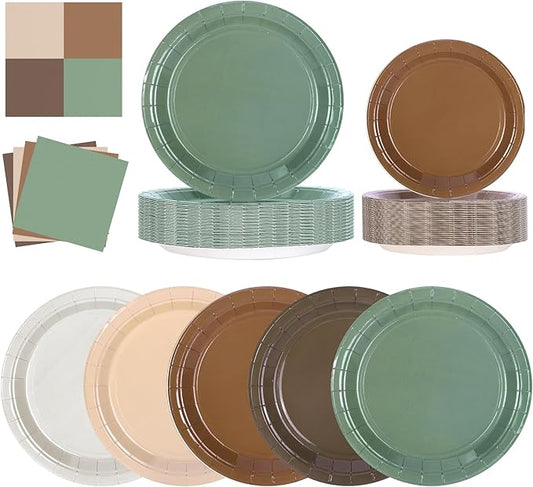 150PCS Woodland Baby Shower Decoration-Sage Green Brown Paper Plates and napkins for Safari Jungle Woodland Forest Animal Plates Napkin Set for Birthday Party Baby Shower Neutral Serve 50