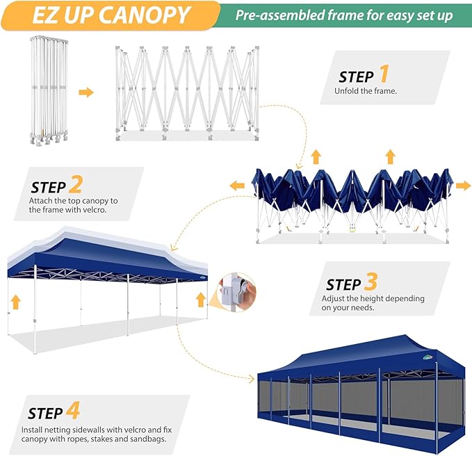 COBIZI 10x30 Pop Up Canopy with Sidewalls, Heavy Duty Canopy with Mosquito Netting, Easy up Screen Party Tents for Parties Backyard Outdoor Commercial Event Gazebo with Roller Bag, Sandbags, Deep Blue