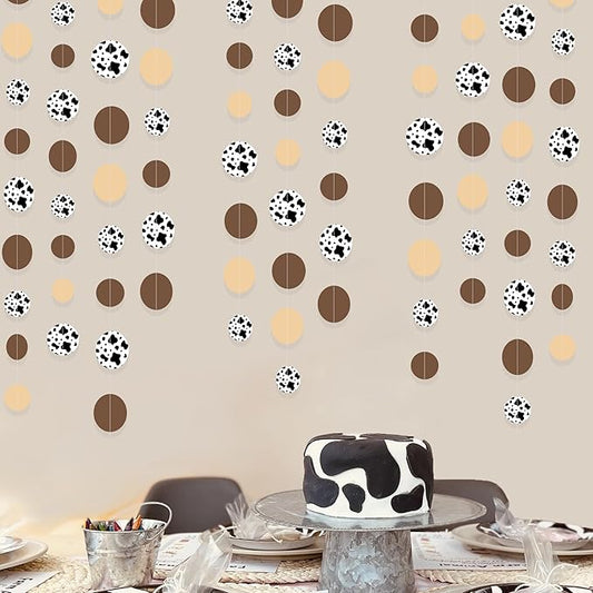 Western Cowboy Party Decorations Brown Khaki Circle Dot with Cow Printed Polka Dots Garland Streamer for My First Rodeo Birthday Baby Shower Wedding Engagement Bachelorette Party Decorations Supplies