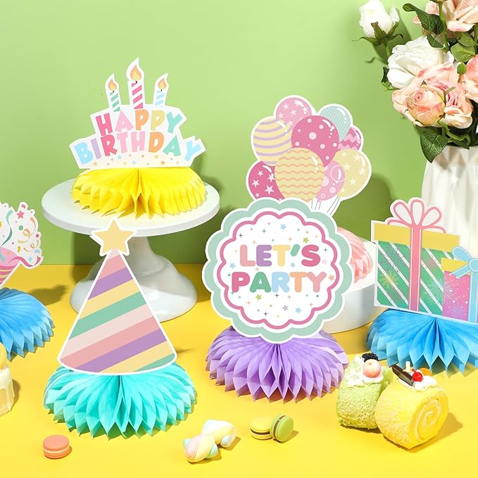 12 Pieces Happy Birthday Centerpiece Decorations Pastel Birthday Table Decorations Rainbow Macaron Bday Centerpieces for Tables for Girls Women Pastel Birthday Party Supplies