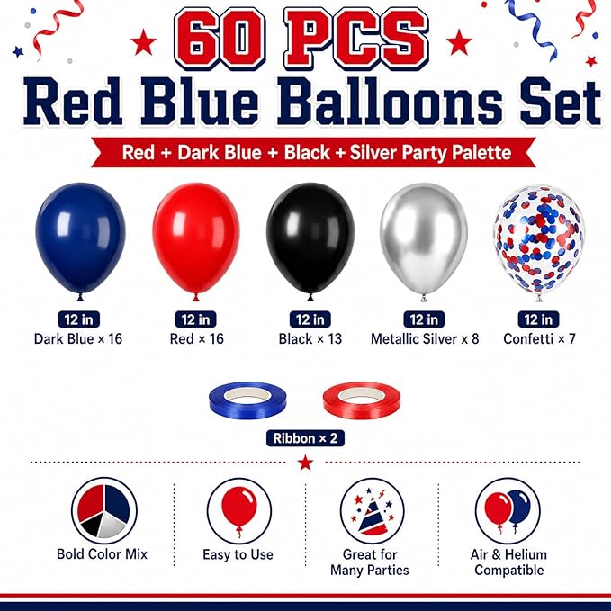 Red and Blue Balloons, 60PCS Blue Red Balloon Set, 12 Inch Patriotic Latex Metallic Confetti Balloons for Independence Day 4th of July Birthday Graduation Memorial Day Party Decor