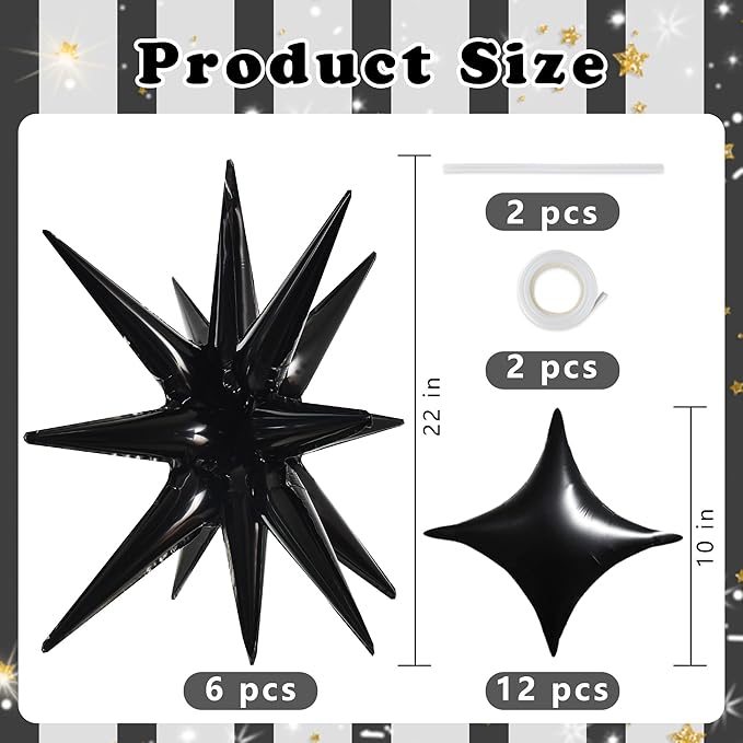 TONIFUL 18Pcs 22Inch Black Large Explosion Star Mylar Balloons and 10Inch Four Pointed Star Balloons Set for Christmas New Year Birthday Wedding Bridal Shower Anniversary Photo Booth Supplies