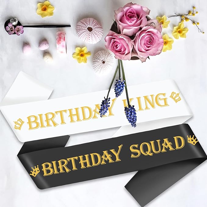 7 Pcs Birthday King Sash and Birthday Squad Sashes Set, Funny Bday Sashes for Men Bday Party Supplies Gifts Favors, Black+White (Gold Letters)