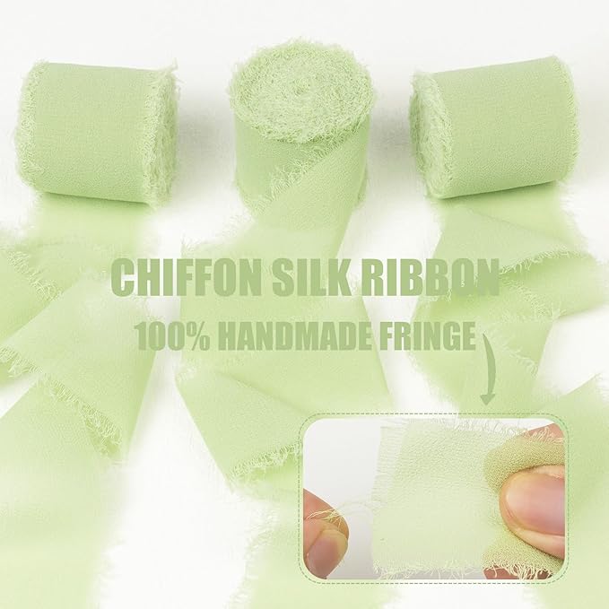 Lily Green Chiffon Ribbon - 1 1/2 Inch x 21 Yards, Handmade Fringe, Silk, Boho Frayed, Green for Weddings & Gift Wrapping
