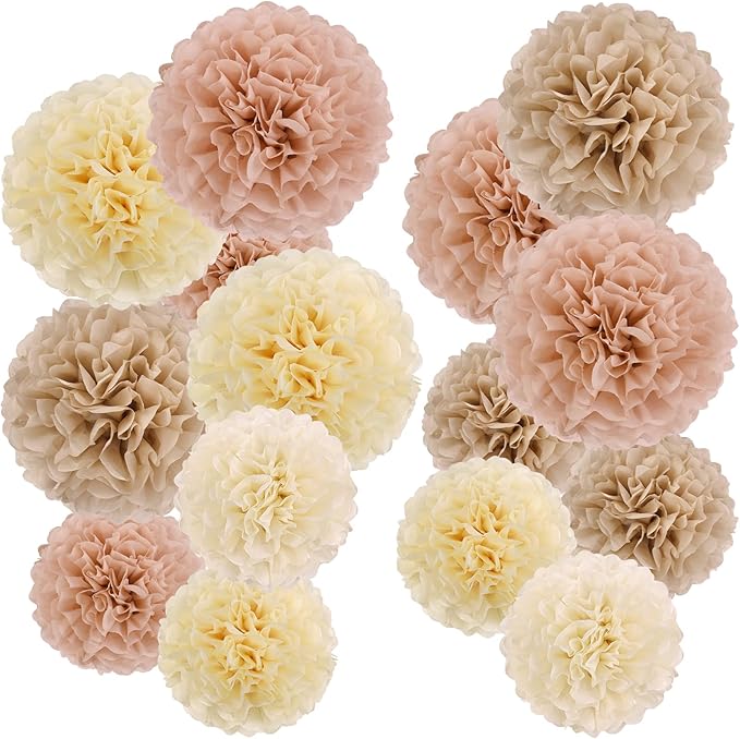 EASY JOY Boho Tissue Paper Pom Poms Tissue Paper Flowers (15PCS) Champagne Brown Dusty Pink Neutral Party Decorations,for Bridal Shower Baby Shower Decorations for Girl, Wedding, Birthday Party