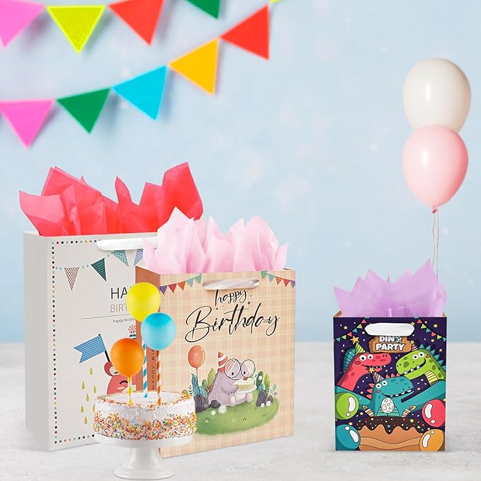 UOKHO Birthday Gift Bag with Handle and Tissue Paper, 8 Pcs Reusable Gift Bags Assorted Sizes and Designs, Large, Medium, Small Size Birthday Gift Bag for Kids, Women, Men -15“,13“, 9“