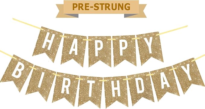 Netnology Pre-Strung Gold Happy Birthday Banner Decorations,12 ft No DIY Gold Glitter Birthday Party Banner Sign Decor for Women Men Girl Boy Party Supplies