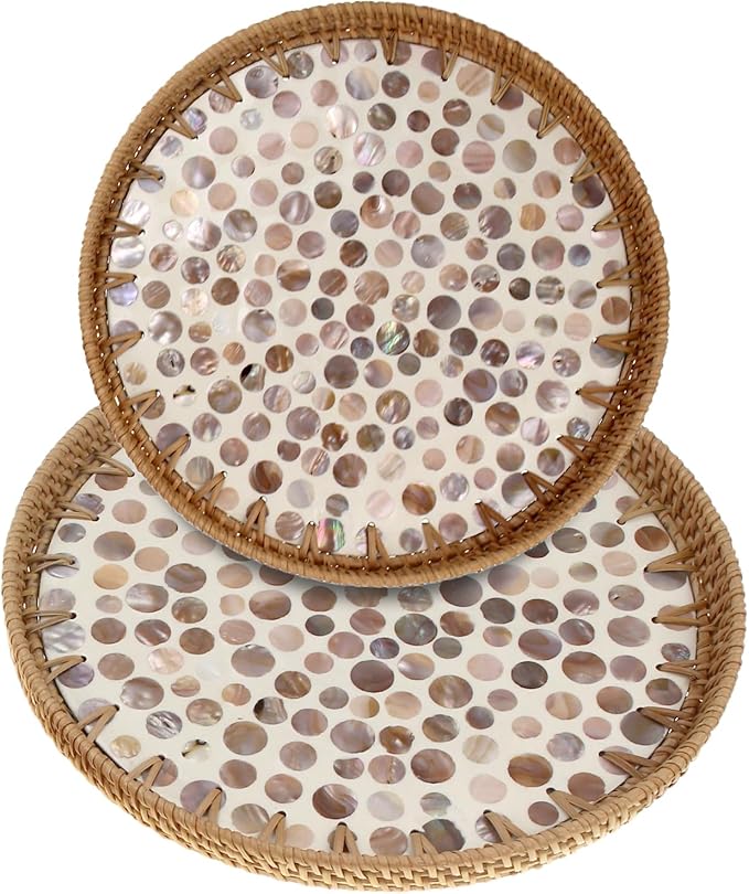 Round Rattan Tray with Mother of Pearl Inlay, Handwoven Wicker Coffee Table Serving Basket Tray for Fruit Snack Party Picnic Cafe Bedroom Kitchen Home Decor Set of 2 (Apricot Dot)