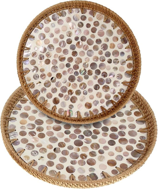 Round Rattan Tray with Mother of Pearl Inlay, Handwoven Wicker Coffee Table Serving Basket Tray for Fruit Snack Party Picnic Cafe Bedroom Kitchen Home Decor Set of 2 (Apricot Dot)