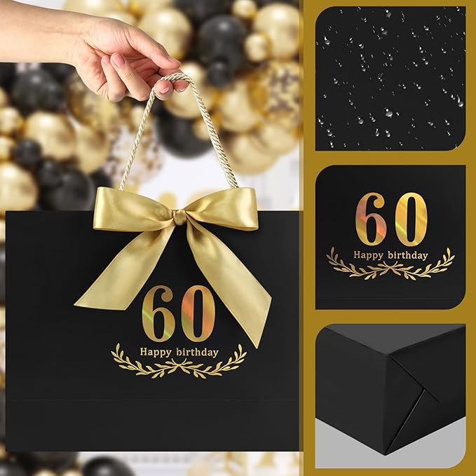 JMANNI Black Gold 60th Birthday Gift Bag with Card and Tissue Paper, 14.2"×9.84"×4.3" Large Present Bag for Men Women, 60 Year Old Birthday Keepsake Party Supplies