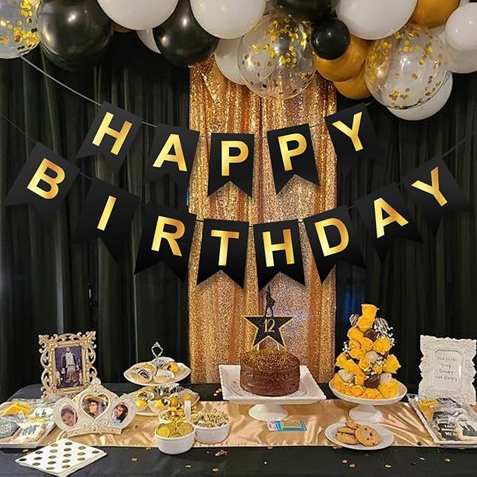 Happy Birthday Banner,Pre-Strung Black and Gold Party Decorations，16ft Pre-Strung Hanging Sign for Kids, Girls, Boys, Women – No DIY, Backdrop Supplies