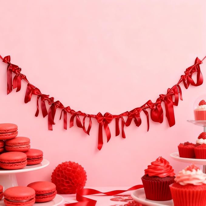 Meseey Red Satin Bow Garland Banner Coquette Bachelorette Party Decor,Bridal Shower Backdrop,Wedding & Engagement Party Supplies,Birthday Decoration,Photo Booth Props(Red)