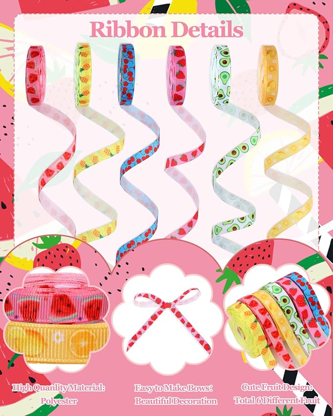 6 Rolls 30 Yards Fruit Themed Ribbon 2/5inch Strawberry Pineapple Watermelon Grosgrain Ribbon for Spring Summer Wreaths, Trims, Gift Wrapping (Fruit)