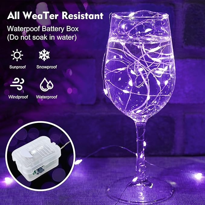 pozzolanas 8 Pack Purple Fairy Lights Battery Operated 3 Modes 7FT 20 LED Waterproof String Lights Twinkle Silver Wire for Mason Jars Wedding Christmas Halloween Party Decor (8, Purple)