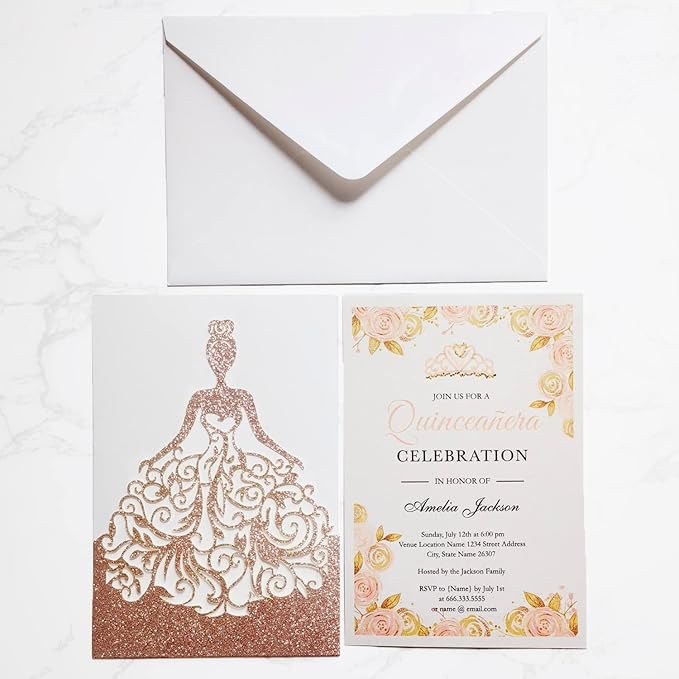 5 x7.3 Inch 20PCS Blank Quinceanera Invitations Kit Laser Cut Hollow Girl Princess Pocket with Envelopes Crown Invitations Cards for Quinceañera Birthday Party Invite (Rose Gold Glitter)