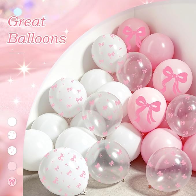 60pcs Pink Bow Balloons 12inch, Pink White Clear Bow Balloons for Coquette Baby Shower Bridal Shower Birthady Party Decorations