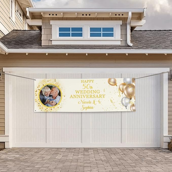 Happy Anniversary Banner Personalized Name Photo Custom Wedding Celebration Banners and Signs Customize Decoration for Couple 4'x2'