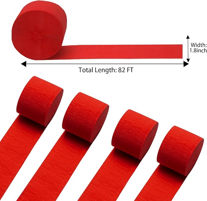 Red Crepe Paper Streamers 4 Rolls 328ft, Pack of Party Streamers for Valentines Day Decorations, Crepe Paper for Birthday, Baby Shower, Wedding Party Decorations (1.8 Inch x 82 Ft/Roll)
