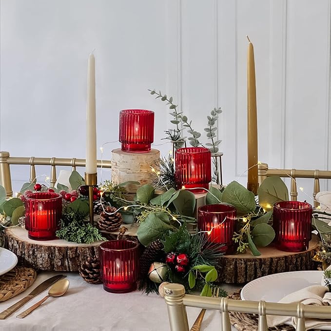Kate Aspen 24PCS Vintage Ribbed Red Glass Tealight & Votive Candle Holders, Fall Decor, Boho Decor, Shelf Decoration for Wedding, Bachelorette, Bridal Shower & Anniversary
