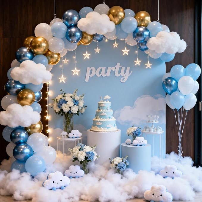 Blue and Gold Balloons, 12 Inch Pastel Baby Blue Metallic Blue Metallic Gold White Latex Balloon for Boys Men Birthday New Year Graduation Party Decor Baby Shower Anniversary Decorations Supplies