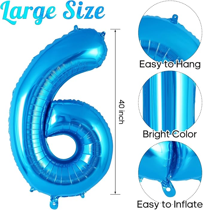 Blue Number 6 Balloon 40 Inch, Big Large Foil Helium Number Balloons, Jumbo Giant Mylar Number 6 Balloons for 6 Year Old Birthday Party Decorations Supplies Anniversary Celebration