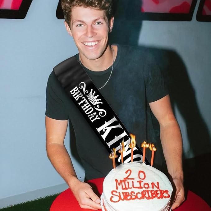 Birthday King Sash, Funny Black Satin Sash with Silver Foil Lettering Birthday Sashes for Boys or Men 10th 13th 16th 18th 21st 30th 40th 50th 60th or Any Birthday Party Supplies Gifts Favors.