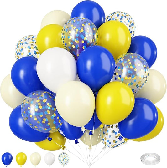 Blue and Yellow Balloons Set, 50Pcs 12 Inch Royal White Confetti Latex Balloons for Wedding Anniversary Baby Shower Birthday Party Decorations