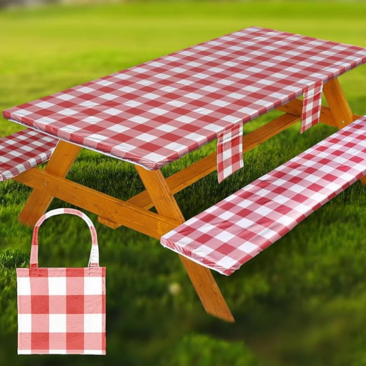 Picnic Table Cover with Bench Covers Vinyl Elastic Edges Fitted Rectangle Seat Tables Waterproof 3-Piece96X30in Set Outdoor Rectangular Folding Backing Tablecloth for Camping Over Size