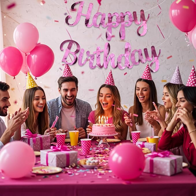 BEISHIDA Happy Birthday Banner - NO DIY,Double-Sided Pink 10Feet Pre-Strung-Glitter Birthday Sign Garland Backdrop Decorations for Women men Party