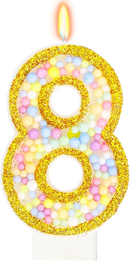 8th Birthday Candle for Cake, Colorful Macaron Numeral Candles for Girls/Boys, Birthday Party Cake Decorations, Golden Cake Topper for Birthday Party Supplies (Number 8)