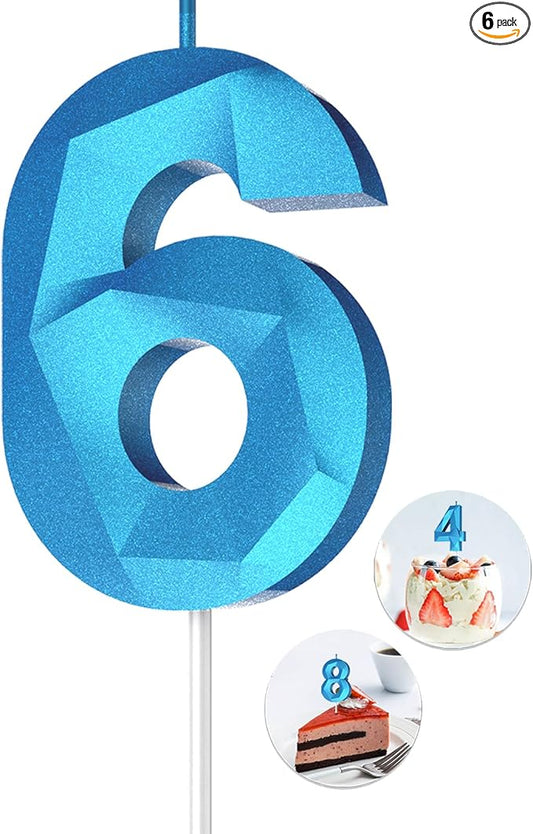 Number Birthday Candles(6 Candle Blue) 3D Diamond Shape Number Happy Birthday Cake Candles for Birthday Party Wedding Decoration Reunions Theme Party