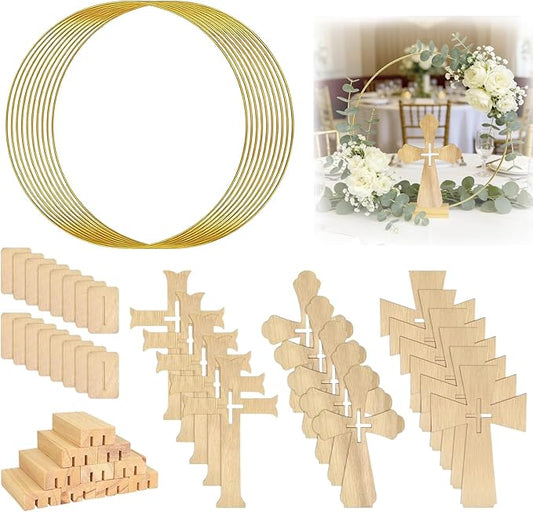 Mototo 48 Pcs Standing Wooden Cross Baptism Centerpieces Decor 16 Wooden Cross with Base 16 Gold Metal Floral Hoop with Wooden Stand Baptism Centerpiece Table Decor for Wedding Event Home Table