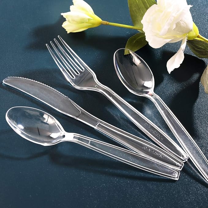 Supernal 400pcs Clear Plastic Silverware Heavy Duty Plastic Forks and Spoons Crystal Disposable Cutery Disposable Utensils Include 200 Forks and Spoons Perfect for Halloween Thanksgiving Christmas