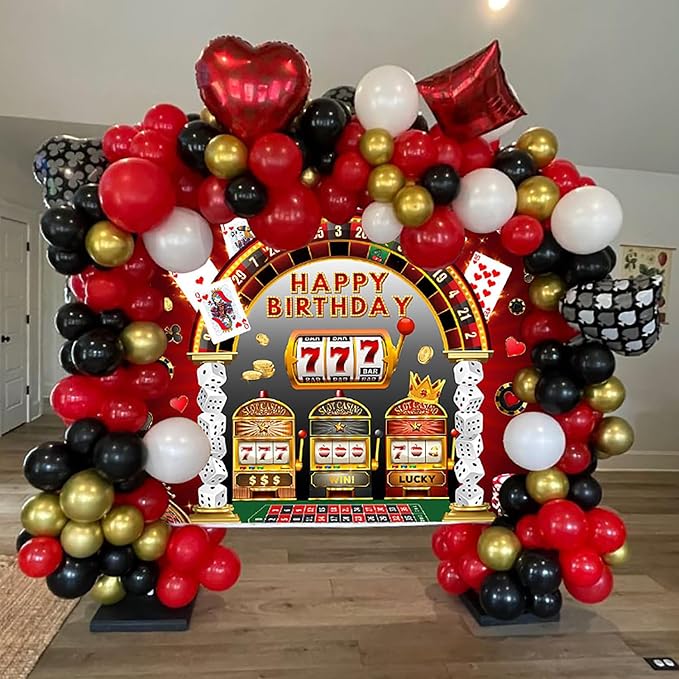 Mocsicka Casino Birthday Backdrop Las Vegas Theme Casino Night Happy Birthday Party Banner Decorations Dice Poker Birthday Photography Background Photo Booth Prop (Black/Red, 7x5ft(82''x60''))
